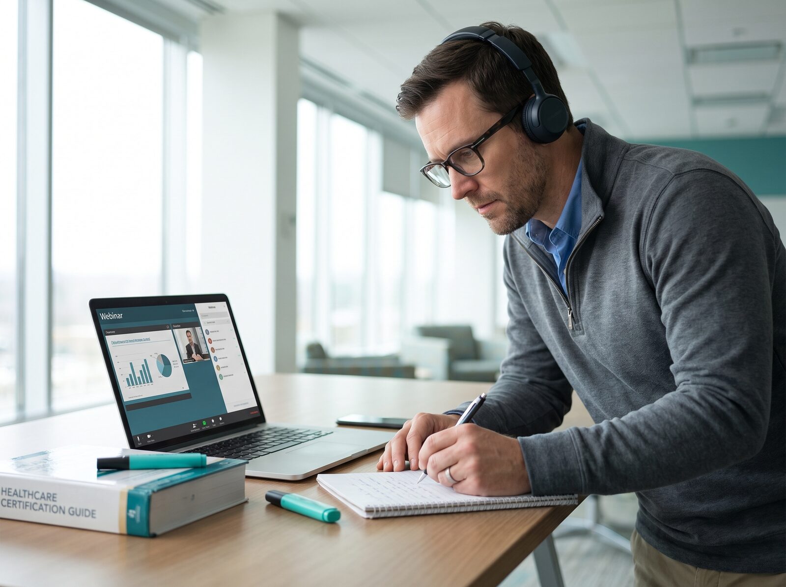 Healthcare professional studying a certification guide while taking notes during an online training webinar