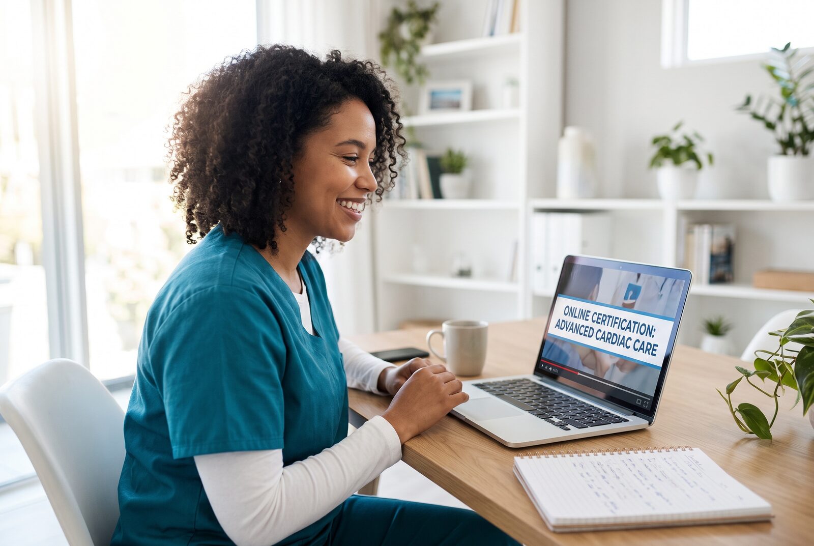 Healthcare professional smiling while completing an online certification course on her laptop
