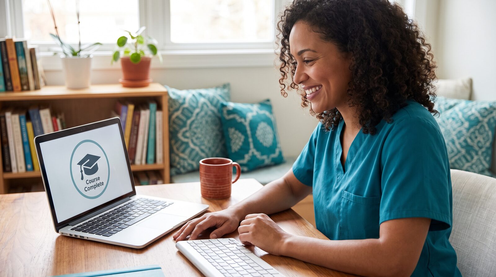 Healthcare professional celebrating after completing an online course
